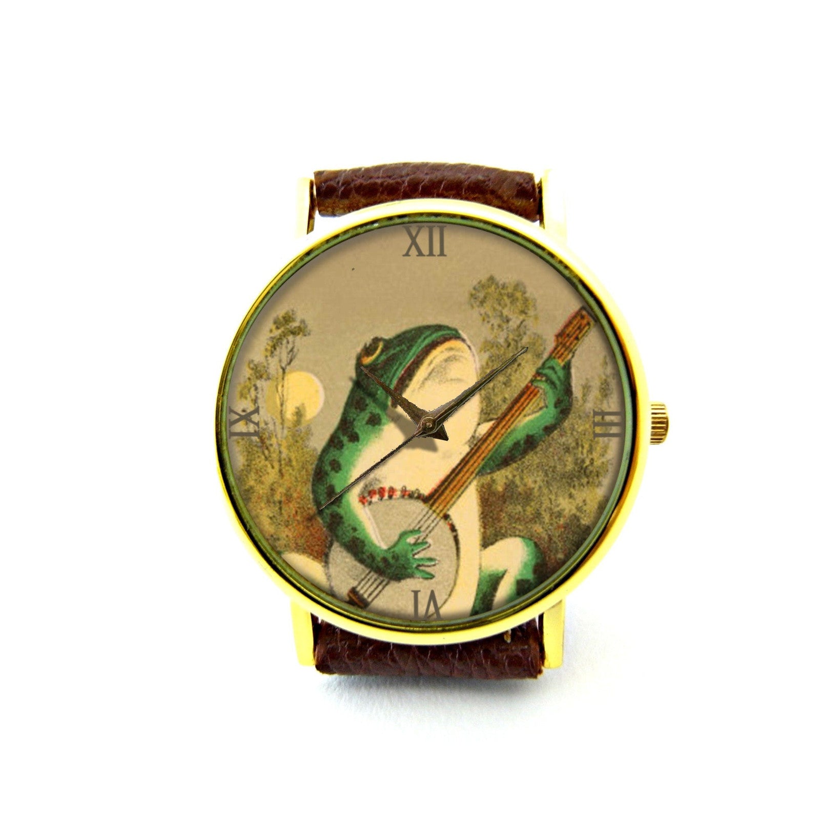 Frog Playing Guitar Leather Watch, Frog Music Ladies Watch, Unisex Leather Watch