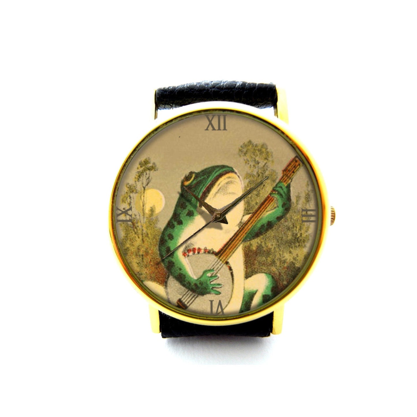 Frog Playing Guitar Leather Watch, Frog Music Ladies Watch, Unisex Leather Watch