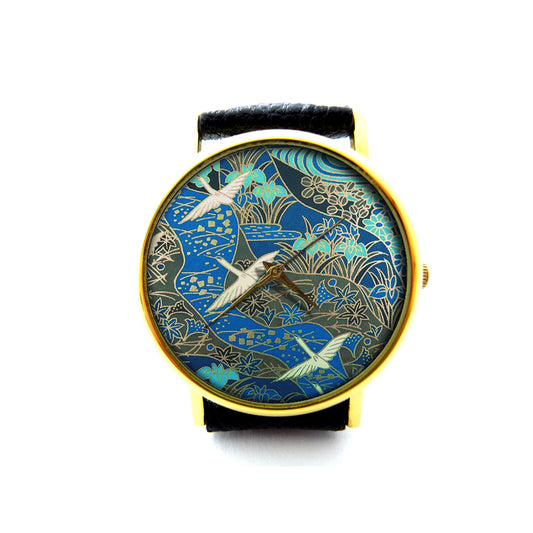 Snow Geese Leather Watch, Bird Leather Watch, Japanese Art Leather Watch, Unisex Watch, Ladies Watch, Mens Watch, Pattern 1