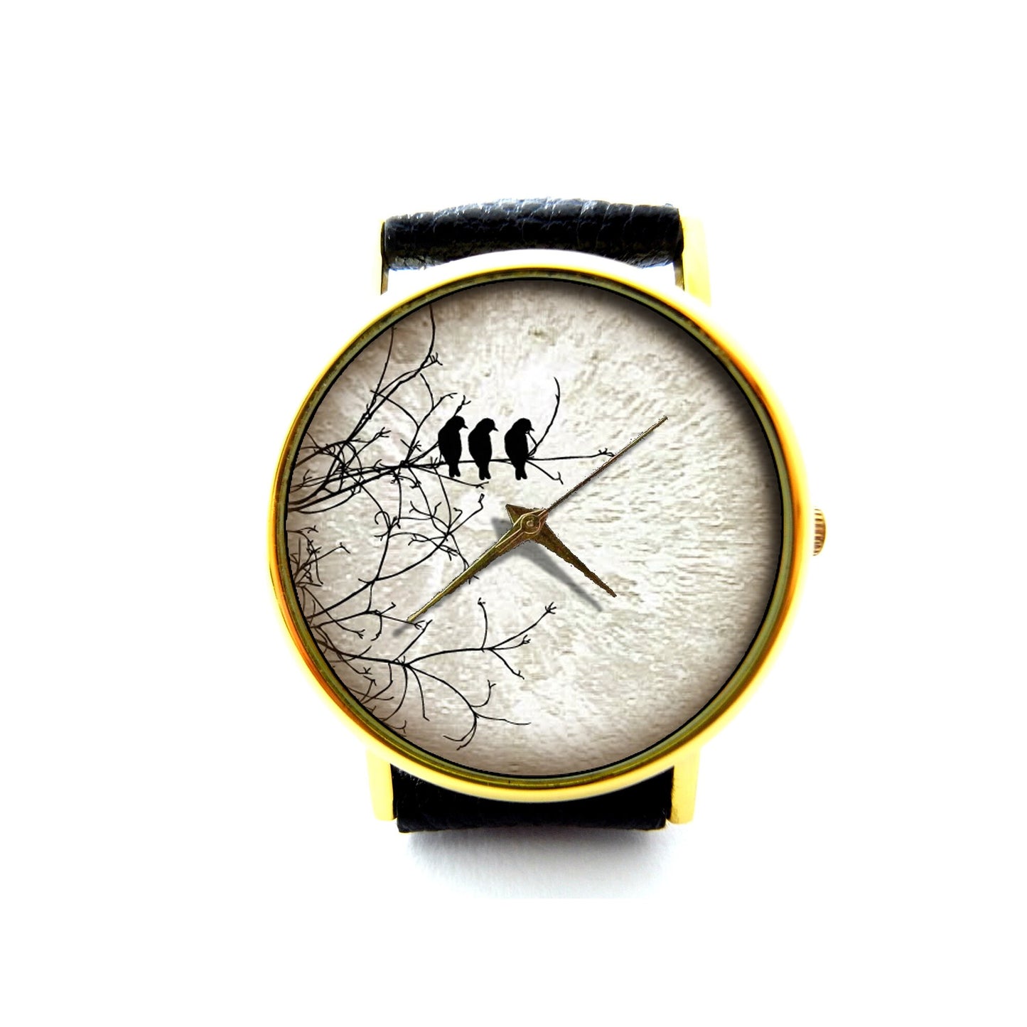 Birds And Moon Leather Watch, Birds On Tree Watch, Unisex Watch, Ladies Watch, Mens Watch, Birds Jewelry, Pattern 4