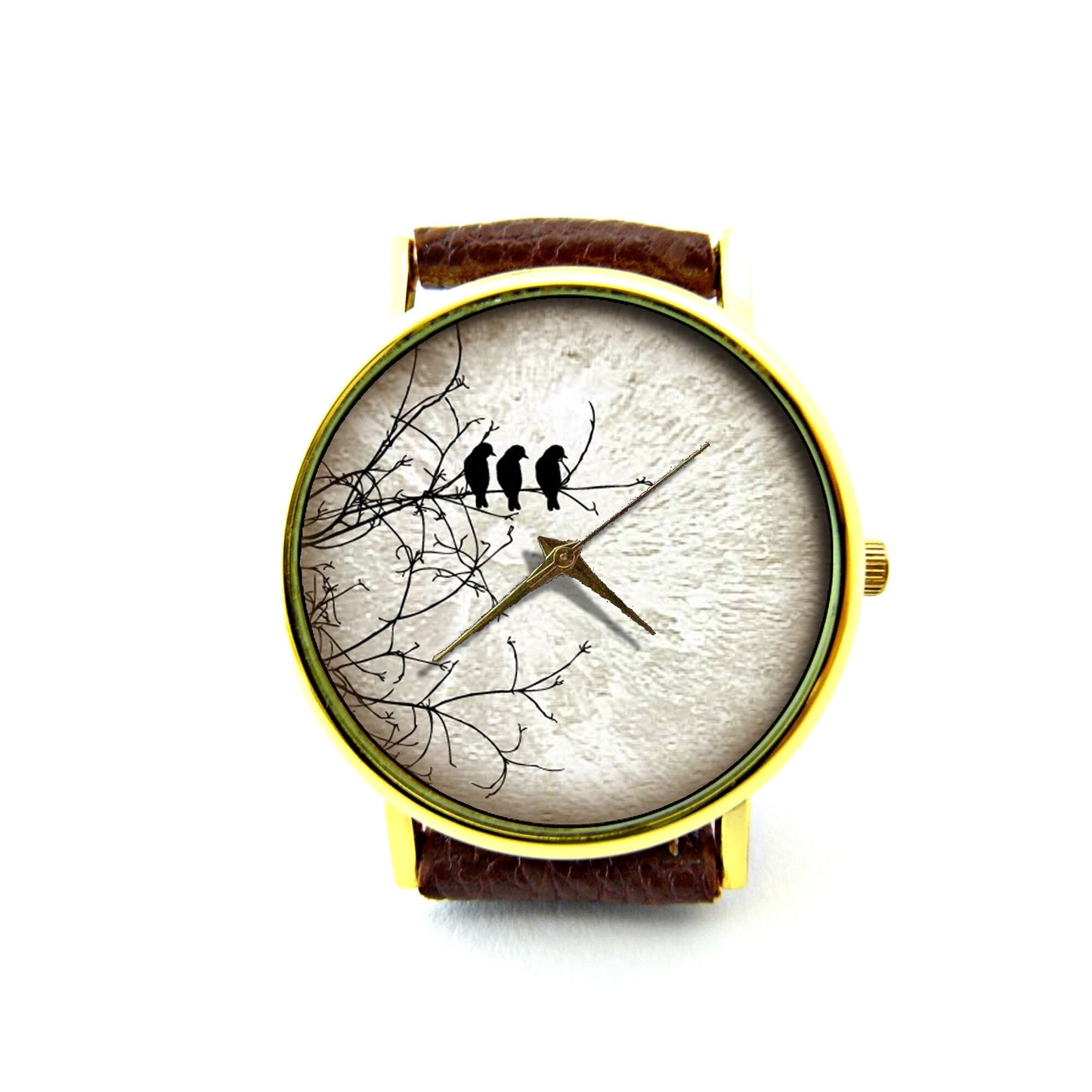 Birds And Moon Leather Watch, Birds On Tree Watch, Unisex Watch, Ladies Watch, Mens Watch, Birds Jewelry, Pattern 4