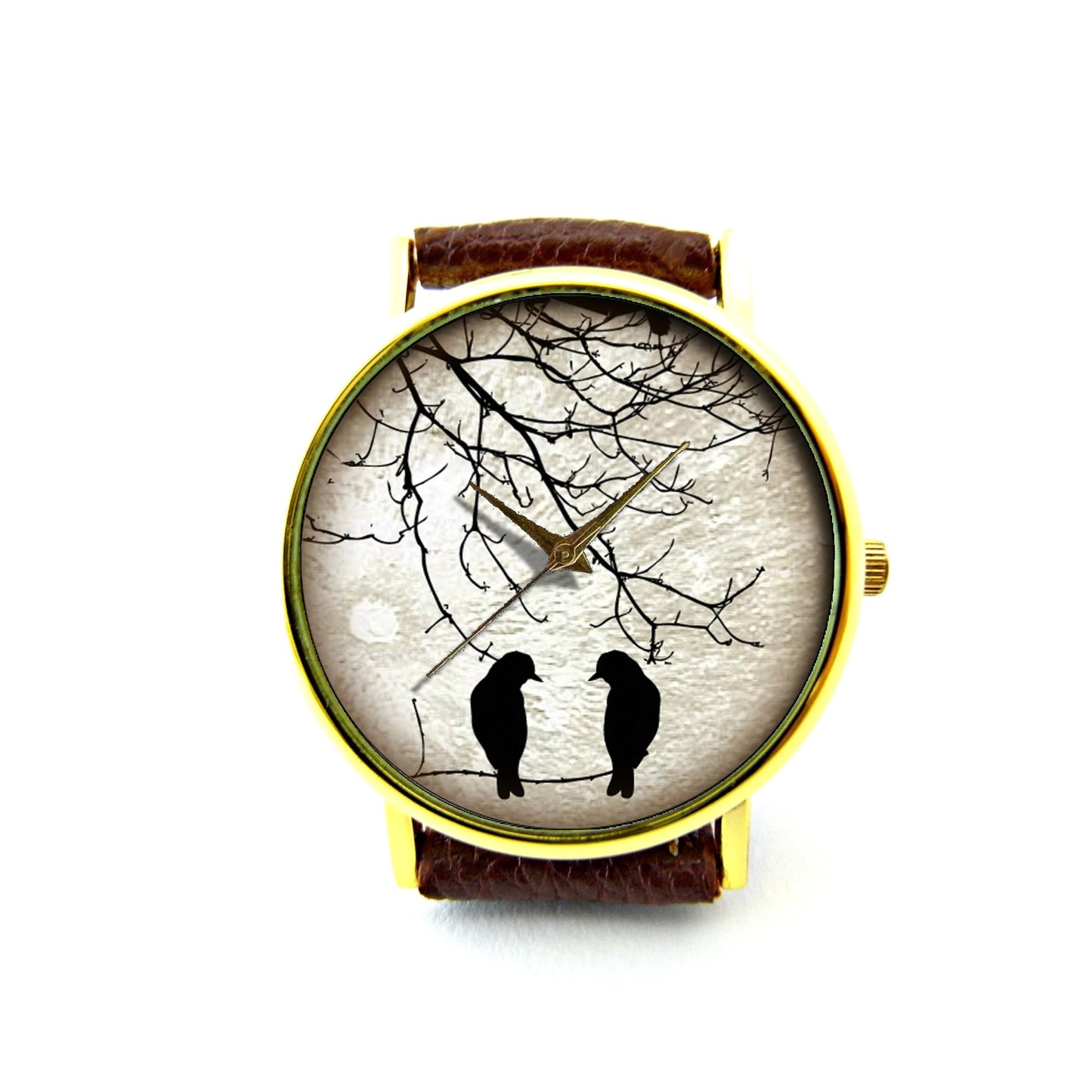 Birds And Moon Leather Watch, Birds On Tree Leather Watch, Unisex Watch, Ladies Watch, Mens Watch, Birds Jewelry, Pattern 9