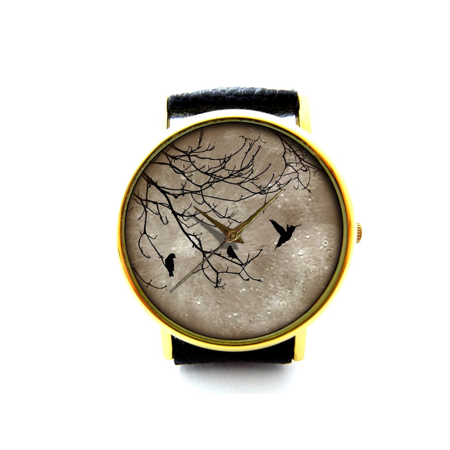 Birds And Moon Leather Watch, Birds On Tree Leather Watch, Unisex Watch, Ladies Watch, Mens Watch, Birds Jewelry, Pattern 8