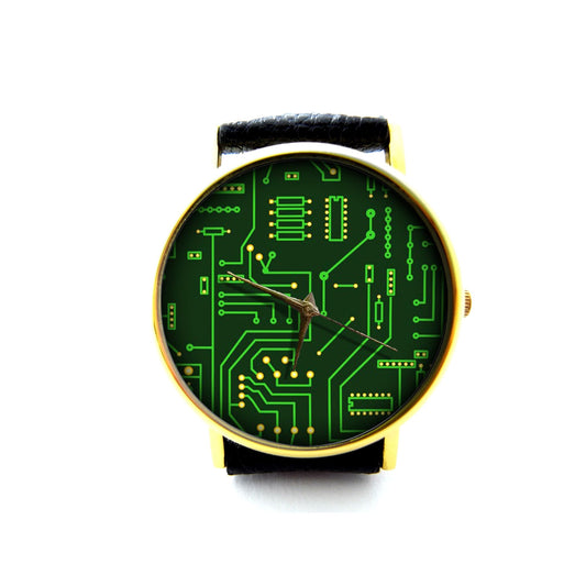 Circuit Board Leather Watch, Unisex Watch, Ladies Watch, Mens Watch, Circuit Board Jewelry, Pattern 4