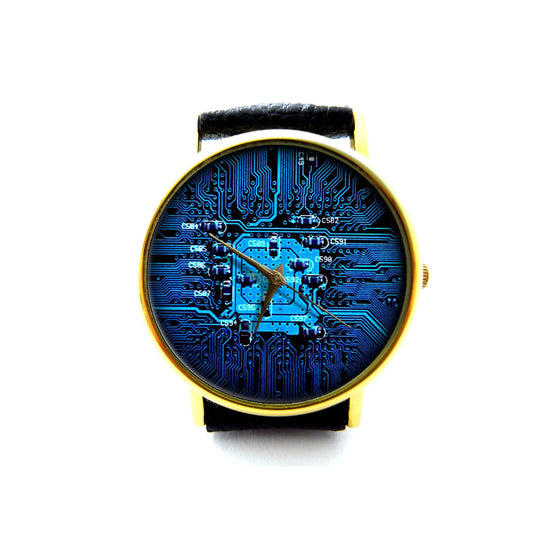 Circuit Board Leather Watch, Unisex Watch, Ladies Watch, Mens Watch, Circuit Board Jewelry, Pattern 2