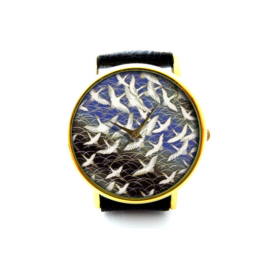 Snow Geese Leather Watch, Bird Leather Watch, Japanese Art Leather Watch, Unisex Watch, Ladies Watch, Mens Watch, Pattern 2