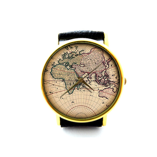 Vintage Map Leather Watch, Antique Map Leather Watch, Unisex Watch, Ladies Watch, Mens Watch, Map Jewelry, Pattern 2