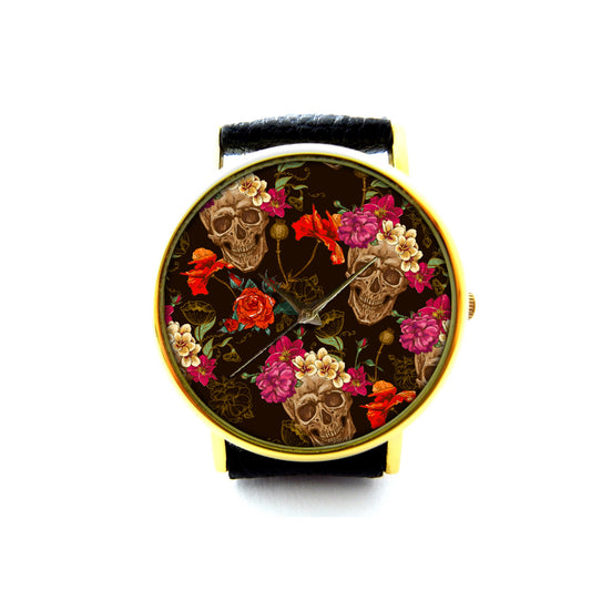 Skeleton Skull Flowers Leather Watch, Skeleton Skull Flowers Ladies Watch, Unisex Watch, Sugar Skull Jewellery