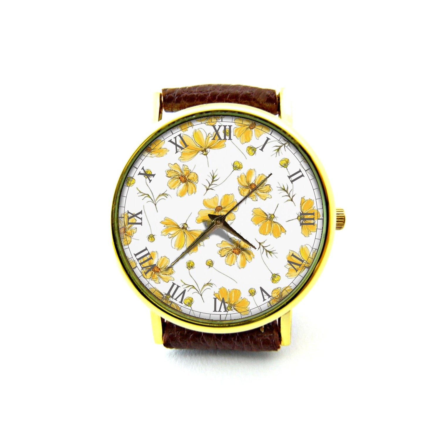 Yellow Cosmos Flowers Leather Watch, Flowers Ladies Watch, Unisex Watch, Yellow Cosmos Flowers Jewellery