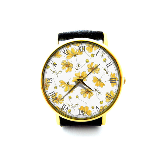 Yellow Cosmos Flowers Leather Watch, Flowers Ladies Watch, Unisex Watch, Yellow Cosmos Flowers Jewellery