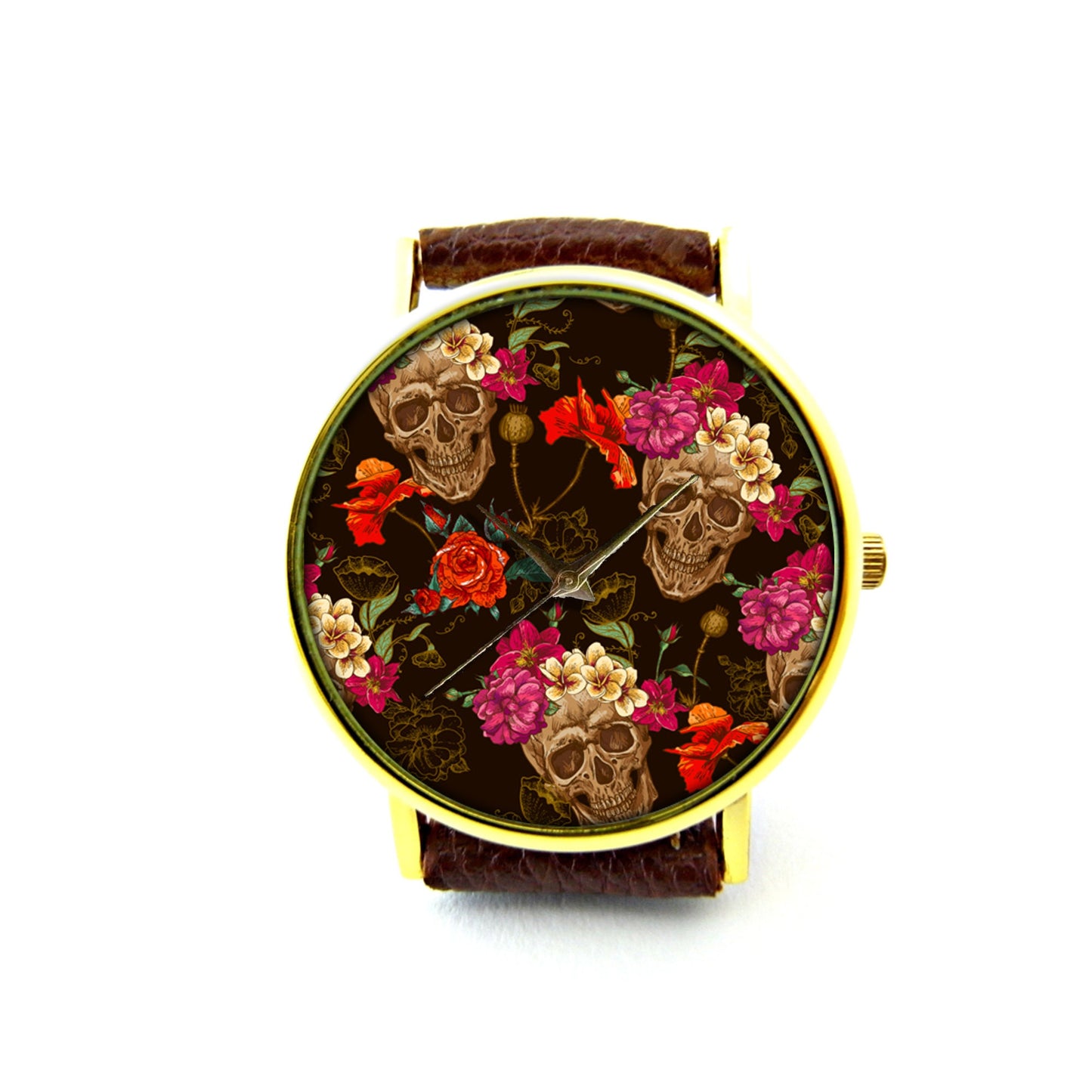 Skeleton Skull Flowers Leather Watch, Skeleton Skull Flowers Ladies Watch, Unisex Watch, Sugar Skull Jewellery