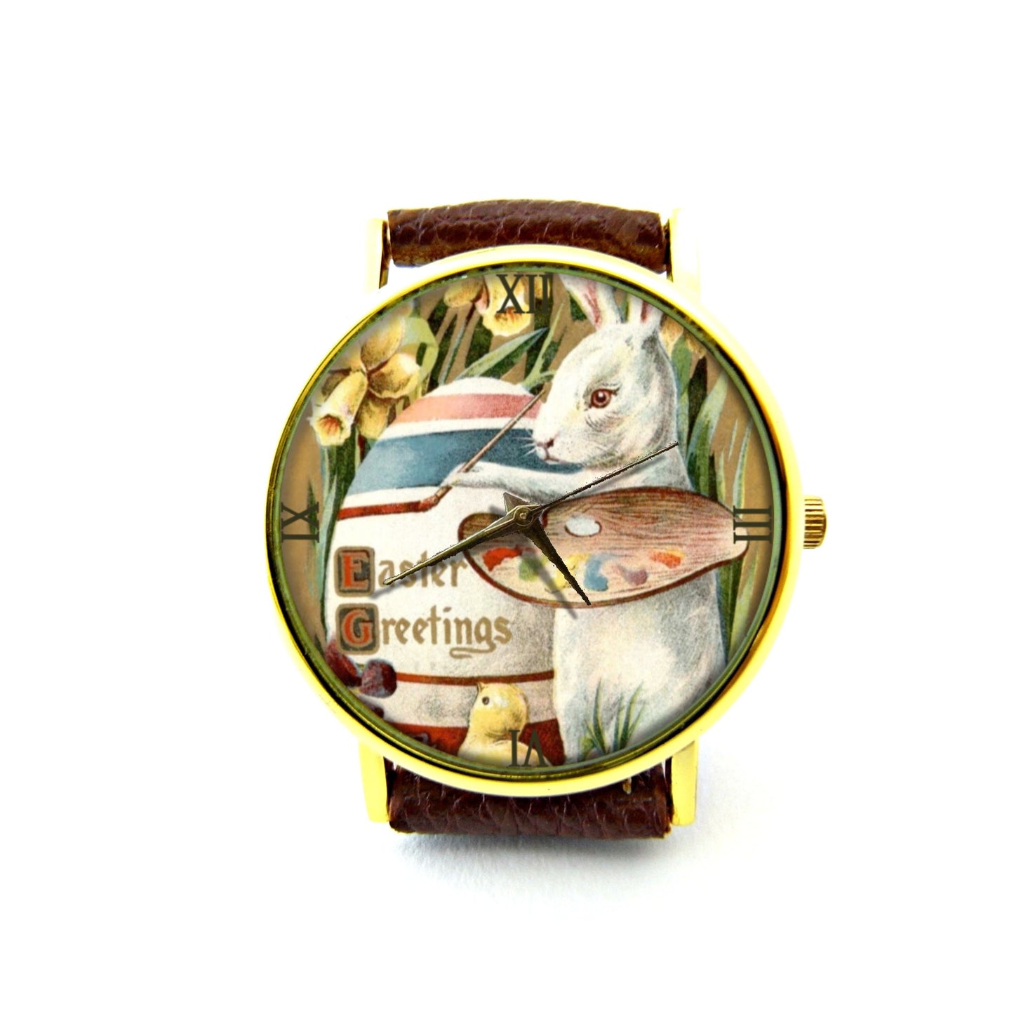 Bunny Rabbit Leather Watch, Easter Egg Ladies Watch, Unisex Watch, Easter Jewelry Gift