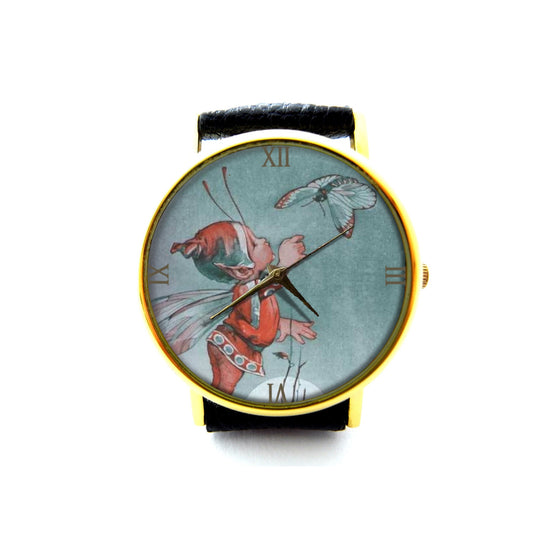 Cute Fairy And Butterfly Leather Watch, Fairy Ladies Watch, Unisex Watch, Fairy Jewellery