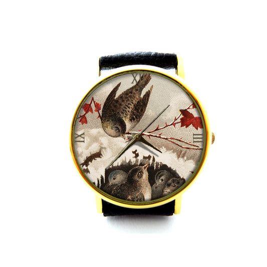 Vintage Winter Birds Leather Watch, Winter Birds Ladies Watch, Unisex Watch, Winter Birds Jewellery