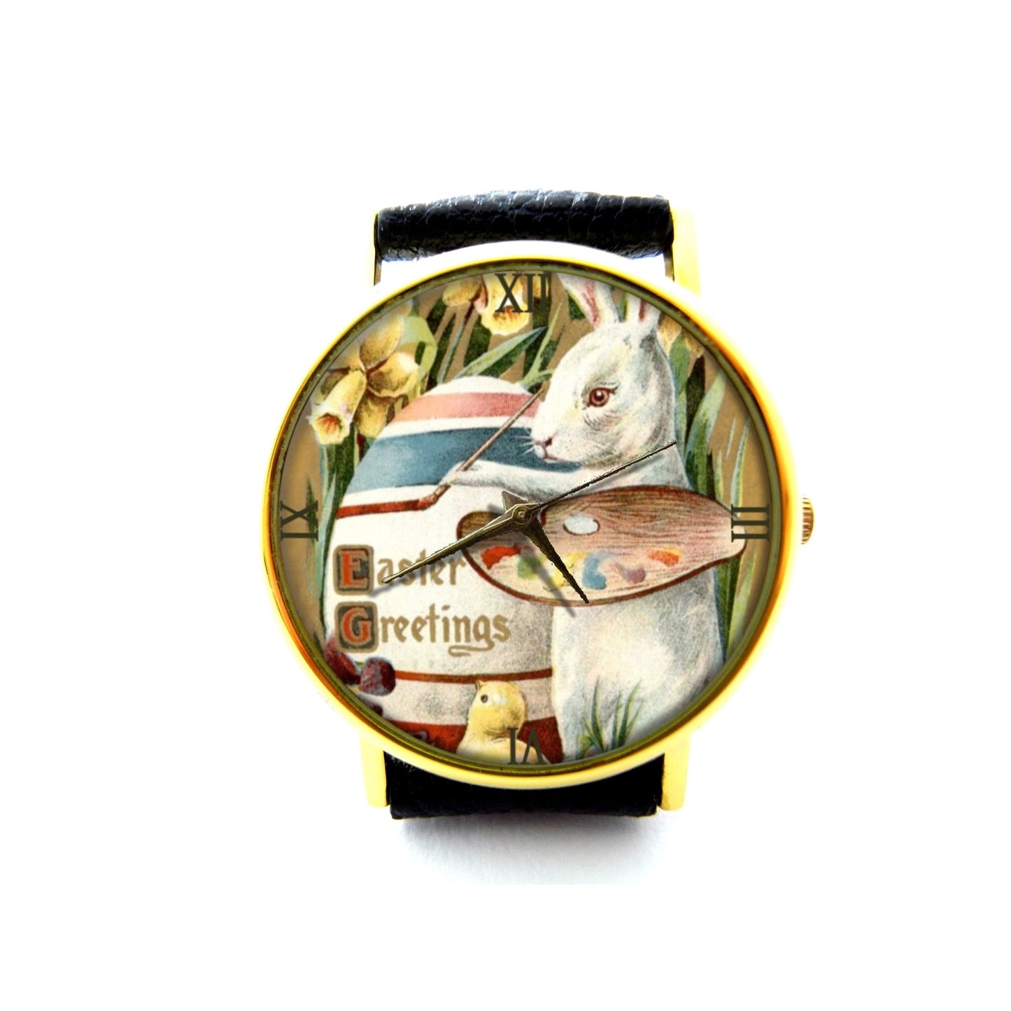 Bunny Rabbit Leather Watch, Easter Egg Ladies Watch, Unisex Watch, Easter Jewelry Gift