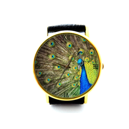 Peacock Portrait Leather Watch, Peacock Art Ladies Watch, Unisex Watch, Peacock Jewelry