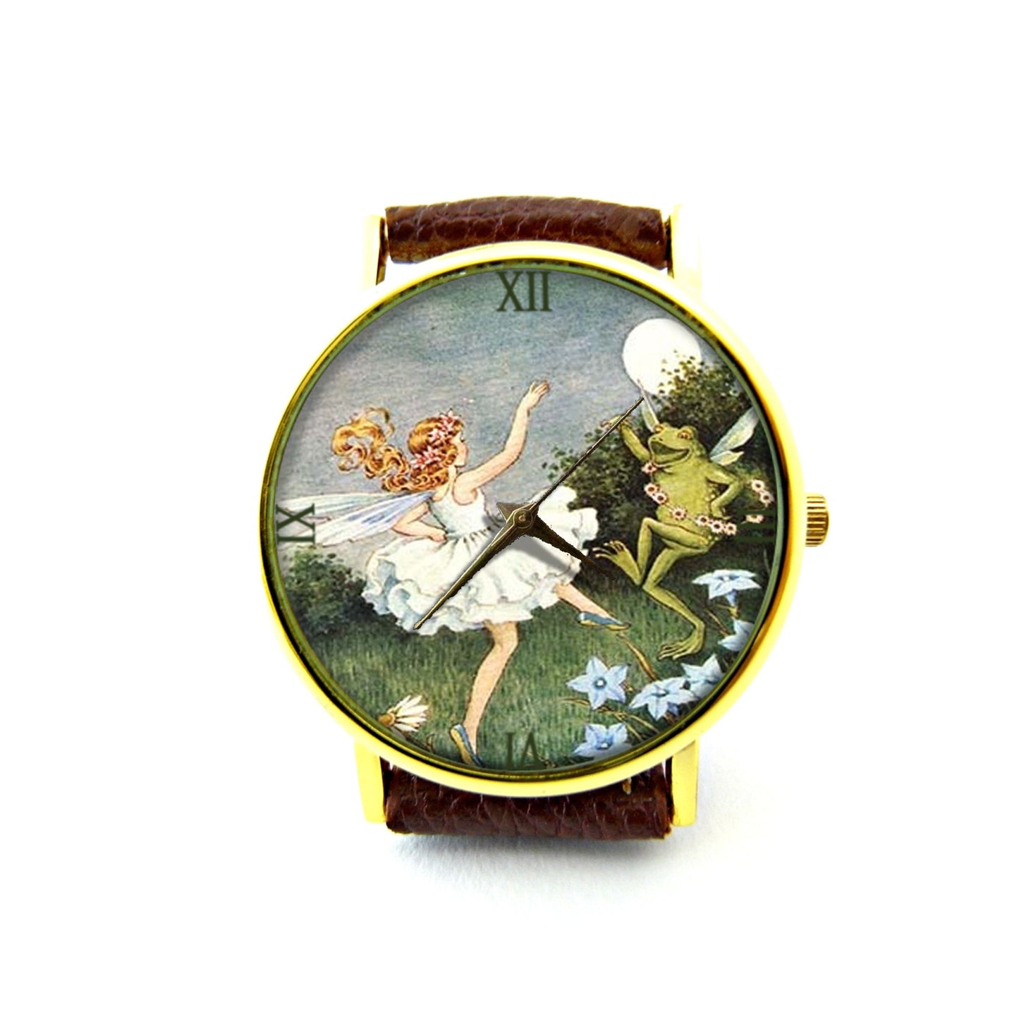 Frog and Fairy Leather Watch, Frog Ladies Watch, Unisex Watch, Fairy Frog Dancing Jewelry