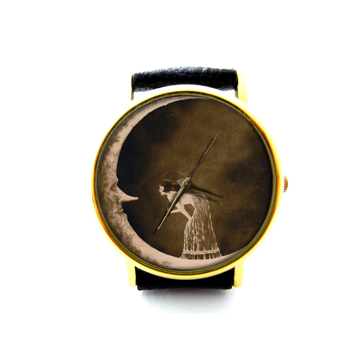 Woman On The Moon Leather Watch, Shannon Stamey Art Ladies Watch, Crescent Moon Watch, Unisex Watch, Moon Jewelry, Vintage Style Jewelry