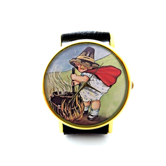 Little Witch Leather Watch, Little Witch Halloween Ladies Watch, Witch Watch, Unisex Watch, Halloween Jewelry, Vintage Style Jewelry