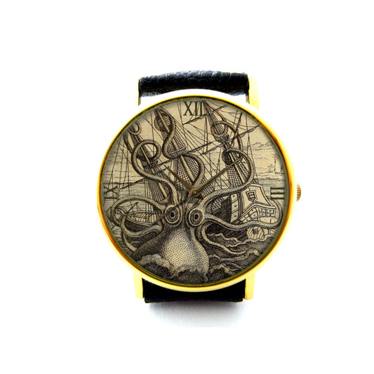 Vintage Kraken Octopus Illustration Leather Watch, Sea Monster Ladies Watch, Unisex Watch, Vintage Octopus Jewelry