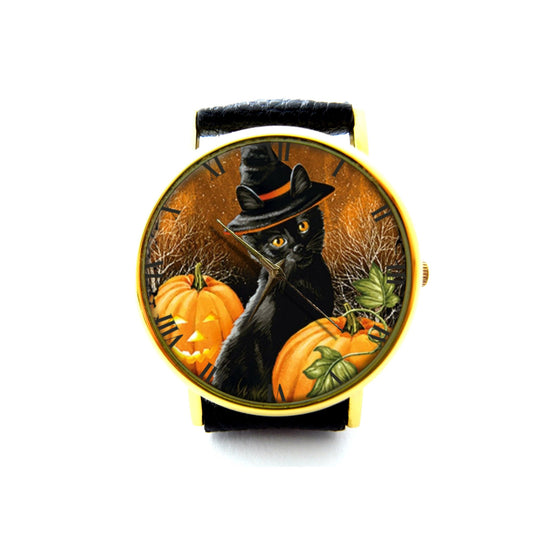 Black Cat Pumpkin Leather Watch, Halloween Ladies Watch, Black Cat Watch, Unisex Watch, Black Cat Jewelry, Vintage Style Jewelry