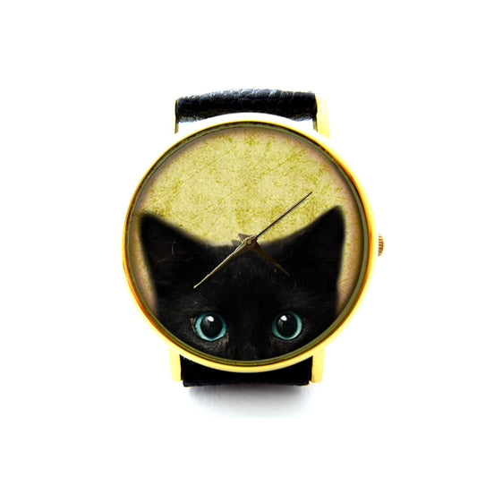 Halloween Kitty Leather Watch, Black Cat Halloween Watch, Unisex Watch, Cute Kitten Jewelry