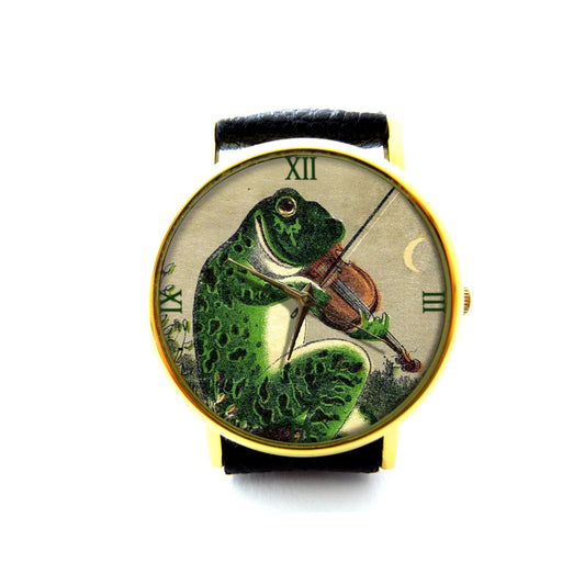 Frog Playing Violin Leather Watch, Frog Music Ladies Watch, Unisex Watch, Funny Frog Jewelry