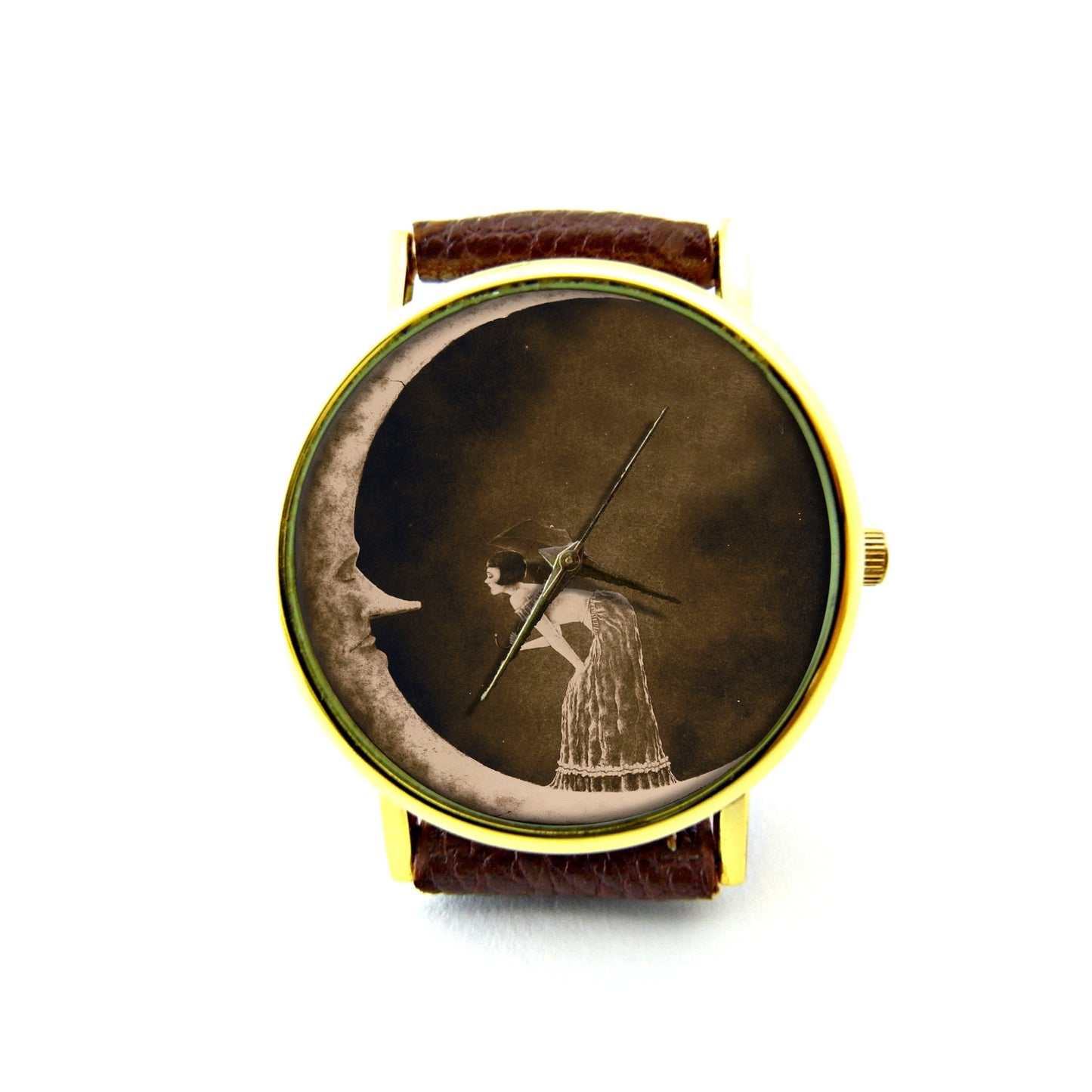 Woman On The Moon Leather Watch, Shannon Stamey Art Ladies Watch, Crescent Moon Watch, Unisex Watch, Moon Jewelry, Vintage Style Jewelry