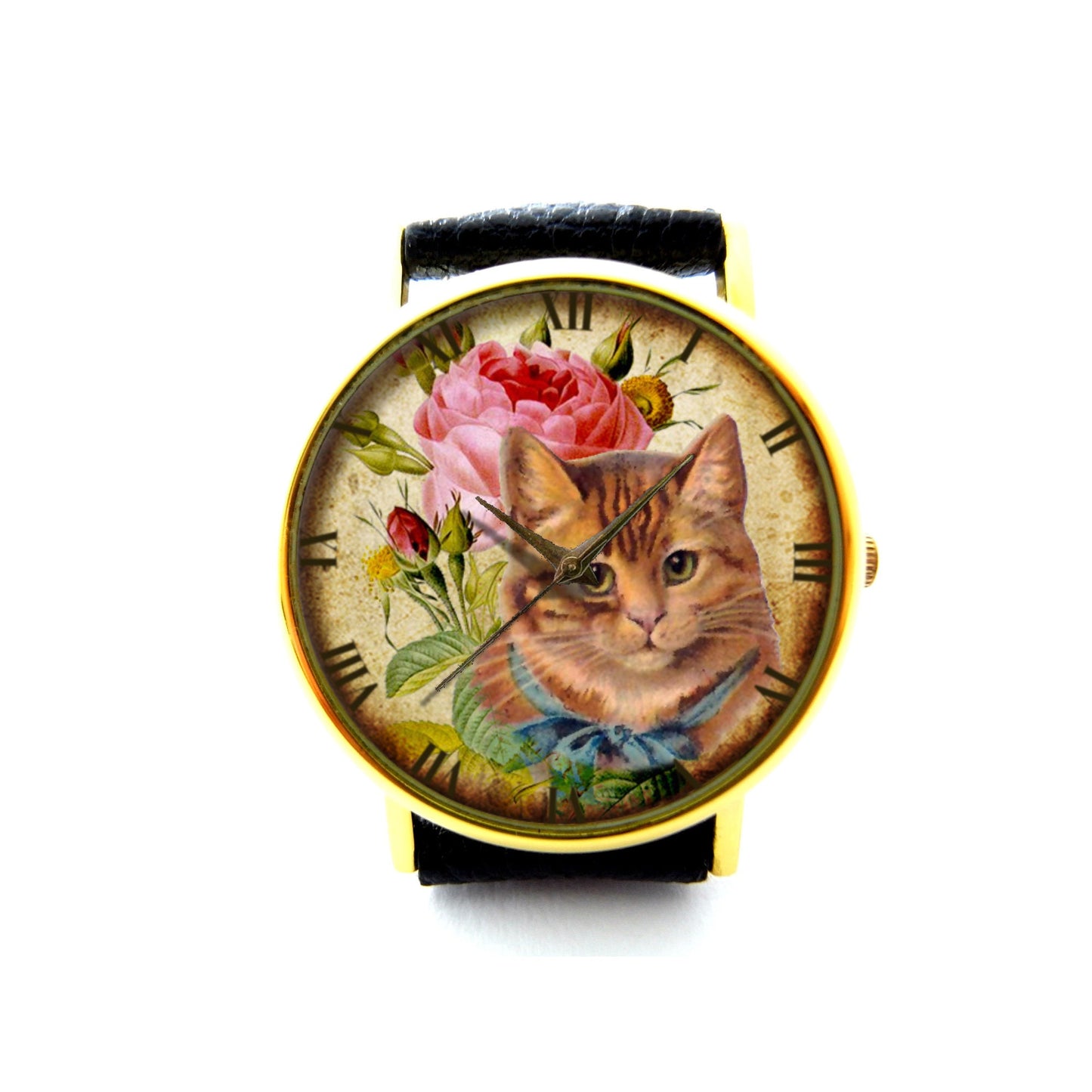 Aged Ephemera Cat Leather Watch, Aged Ephemera Watch, Cat Watch, Unisex Watch, Ladies Watch, Mens Watch, Cat Jewelry