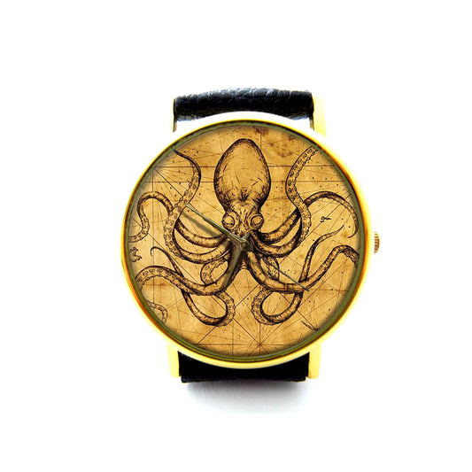 Antique Map Octopus Leather Watch, Steampunk Octopus Ladies Watch, Unisex Watch, Vintage Octopus Jewellery