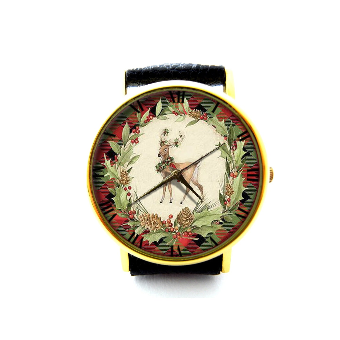 Christmas Deer Leather Watch, Vintage Christmas Ladies Watch, Unisex Watch, Winter Deer Jewelry