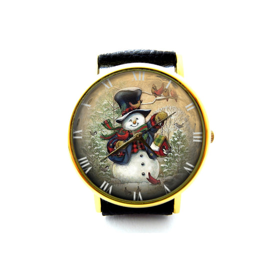 Vintage Snowman Leather Watch, Christmas Watch, Snowman Watch, Unisex Watch, Christmas Jewelry, Christmas Gift, Winter Gift, Holiday Gift