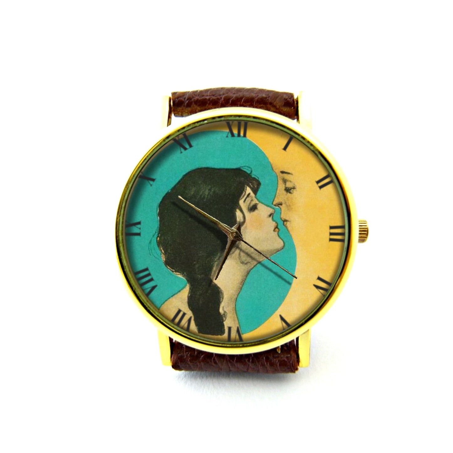 Girl Kissing the Moon Leather Watch, Crescent Moon Ladies Watch, Unisex Watch, Moon Jewelry