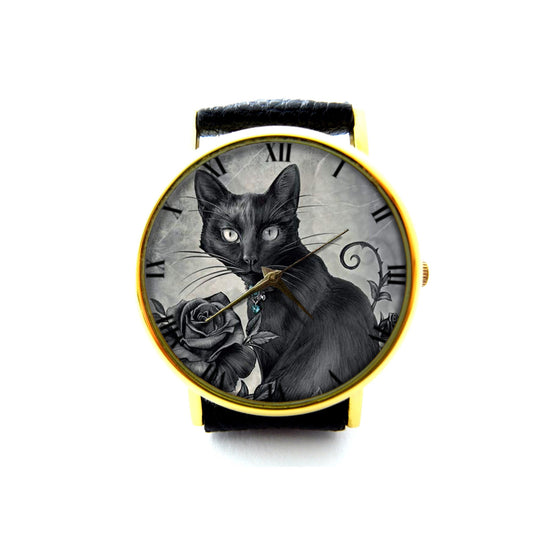 Gothic Black Cat Leather Watch, Black Rose Ladies Watch, Cat Unisex Watch, Vintage Cat Rose Watch, Black Cat Jewelry