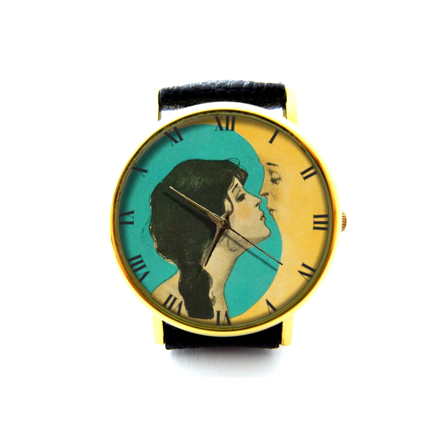 Girl Kissing the Moon Leather Watch, Crescent Moon Ladies Watch, Unisex Watch, Moon Jewelry