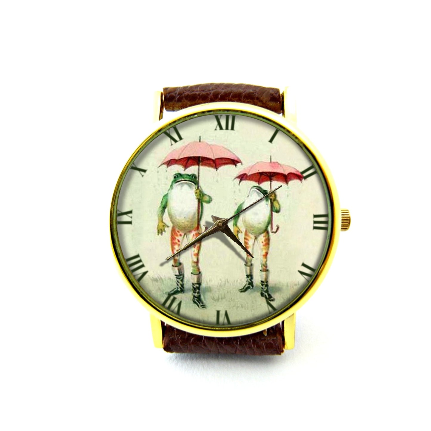 Frogs with Umbrellas Leather Watch, Frog Watch, Unisex Watch, Funny Frog Jewellery