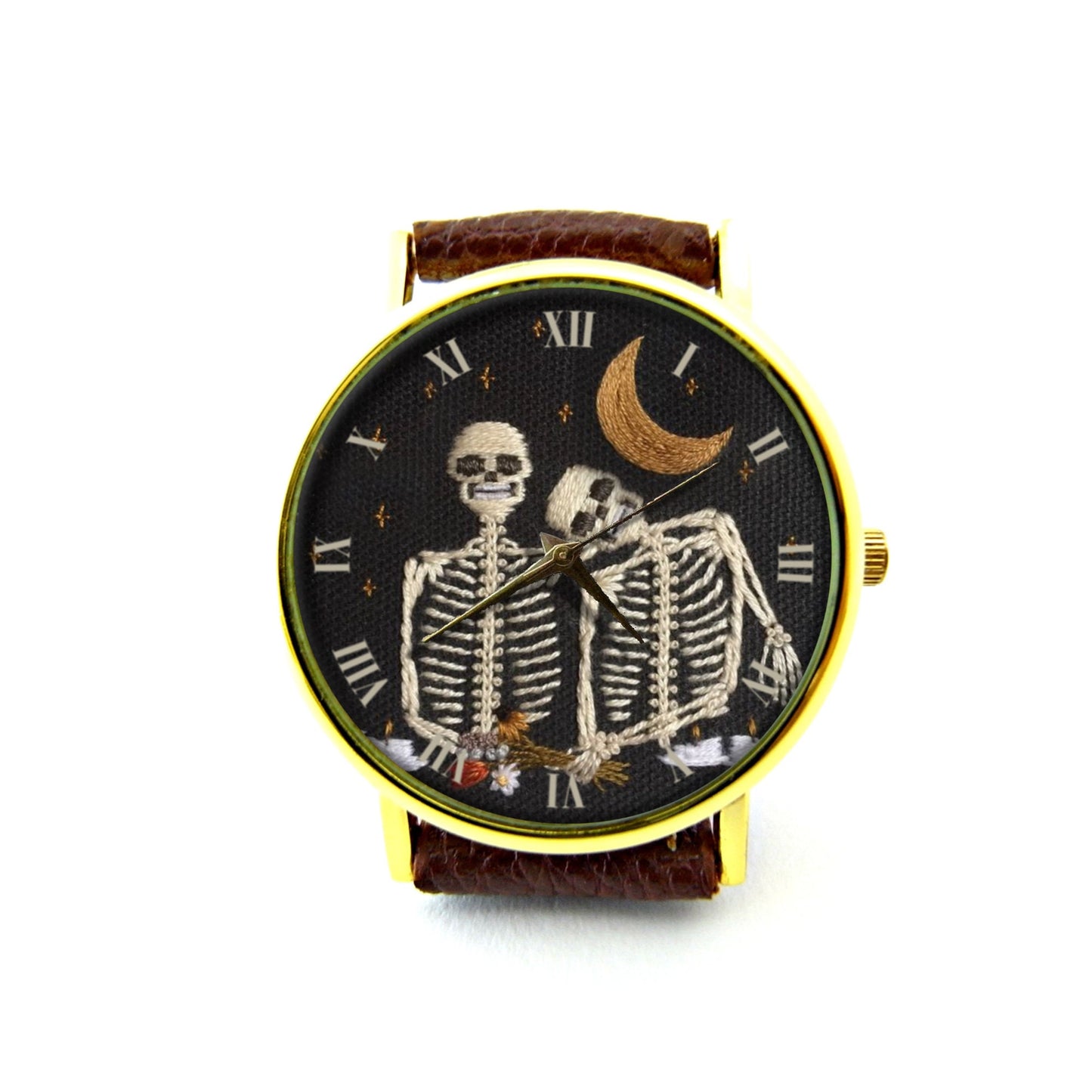 Embroidery Effect Print Skull Lover Leather Watch, Skull Lover Unisex Watch, Not Real Embroidery, It's Flat Printing