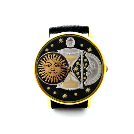 Sun and Moon Leather Watch, El Sol y La Luna Ladies Watch, Astronomy Watch, Moon Jewelry