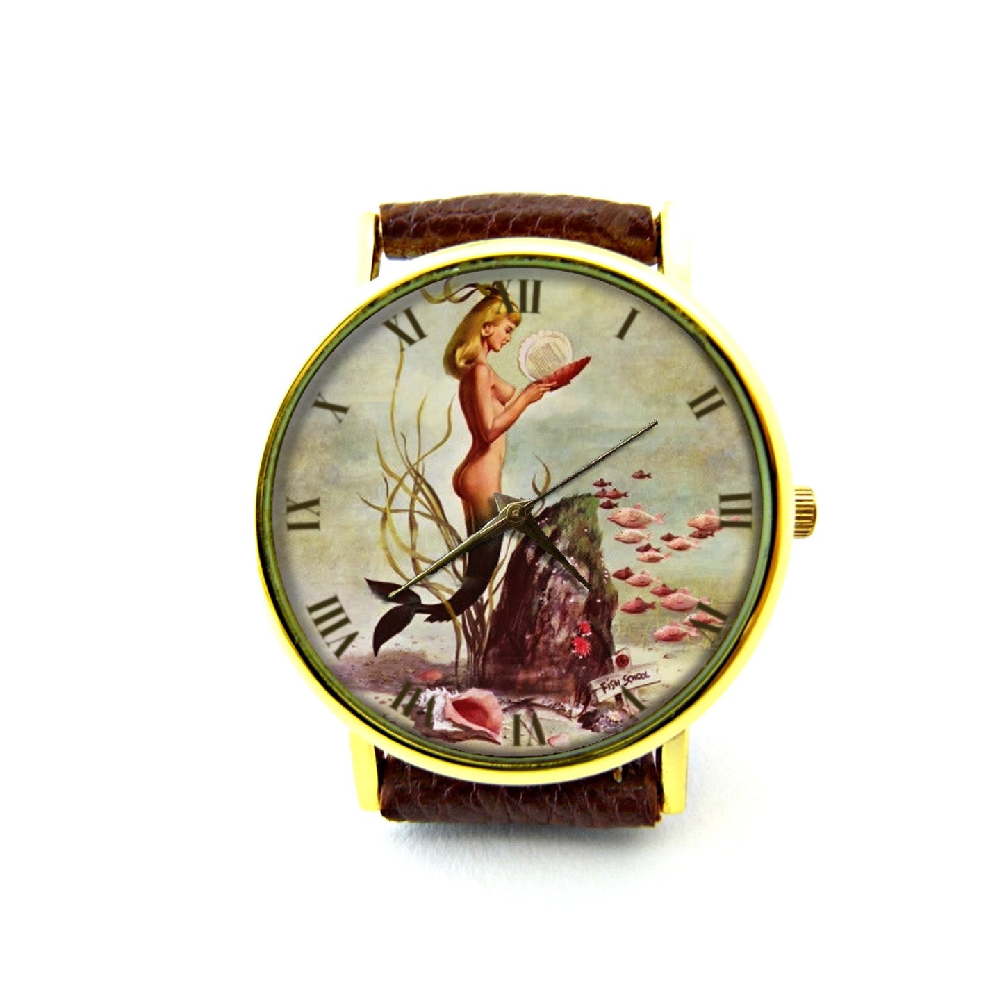 Retro Mermaid Leather Watch, Vintage Mermaid Watch, Mermaid Ladies Watch, Unisex Watch, Mermaid Jewelry