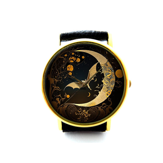 Bat and Moon Leather Watch, Bat Ladies Watch, Unisex Watch, Moon Jewelry Gift