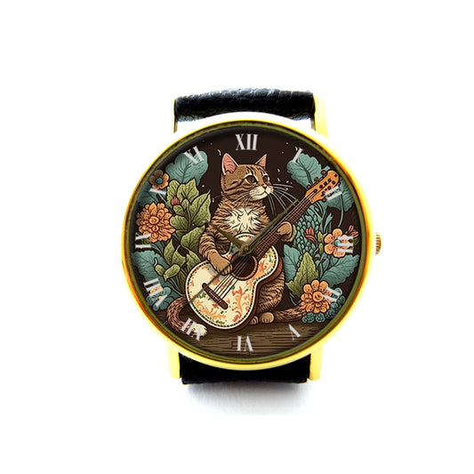 Cat Playing Guitar Leather Watch, Cat Music Ladies Watch, Unisex Watch, Funny Cat Jewellery