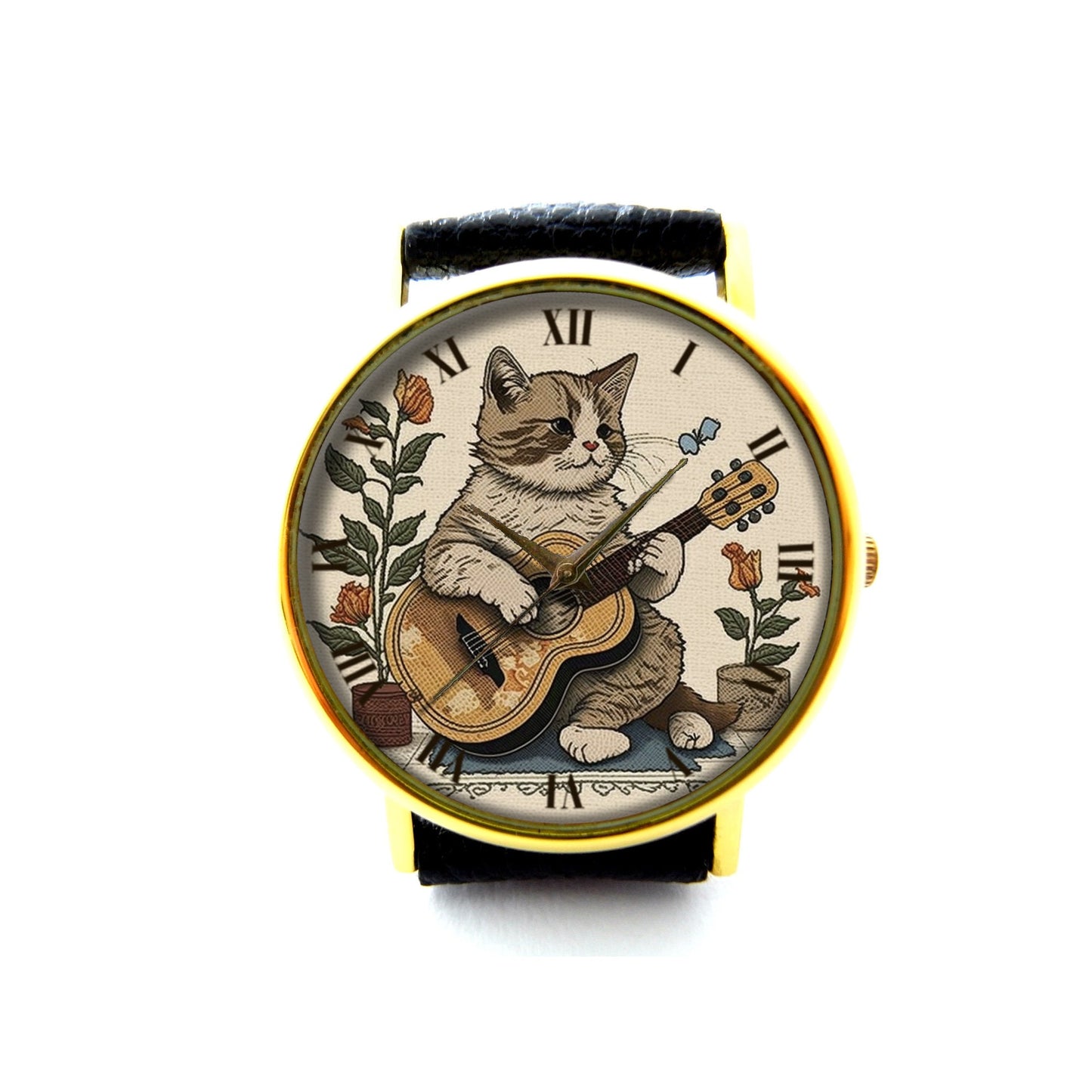 Cute Cat Playing Guitar Leather Watch, Cat Music Ladies Watch, Unisex Watch, Funny Cat Jewellery