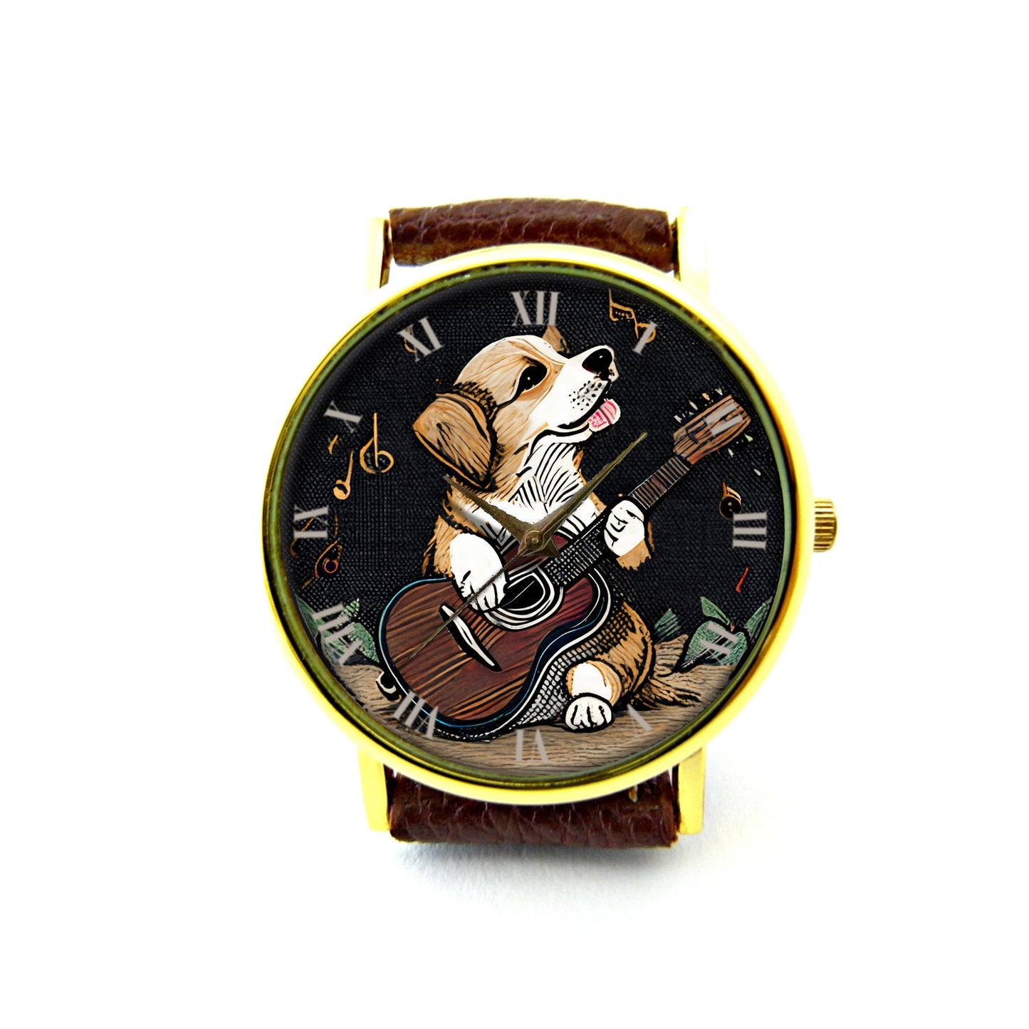 Dog Playing Guitar Leather Watch, Dog Music Ladies Watch, Unisex Watch, Funny Dog Jewellery