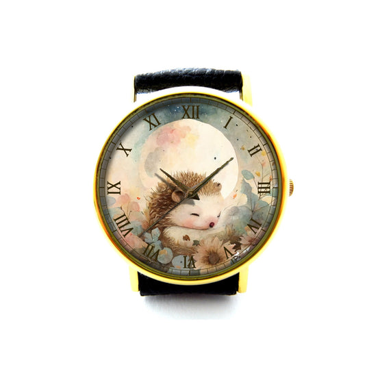 Cute Hedgehog Leather Watch, Lovely Hedgehog Ladies Watch, Unisex Watch, Funny Hedgehog Jewelry