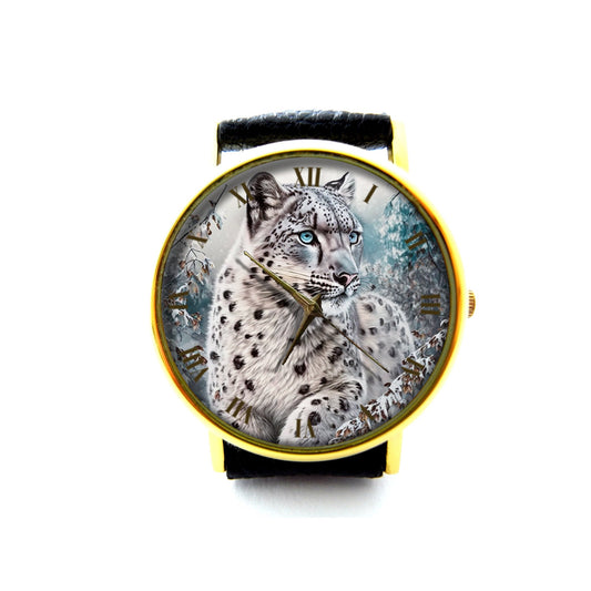 Snow Leopard Leather Watch, Leopard Ladies Watch, Unisex Watch, Snow Leopard Jewelry