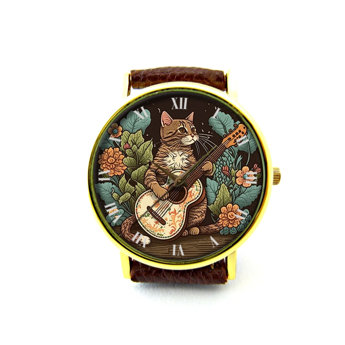 Cat Playing Guitar Leather Watch, Cat Music Ladies Watch, Unisex Watch, Funny Cat Jewellery