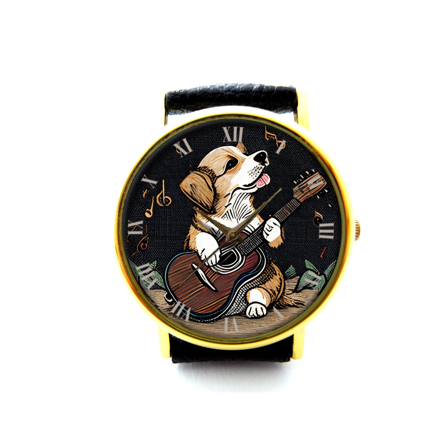 Dog Playing Guitar Leather Watch, Dog Music Ladies Watch, Unisex Watch, Funny Dog Jewellery