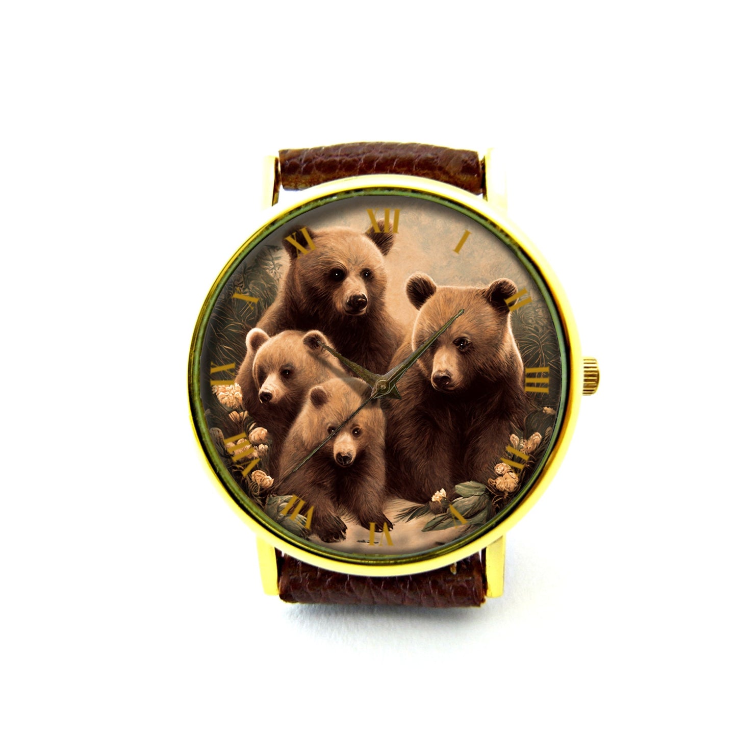 Brown Bear Family Leather Watch, Bear Watch, Unisex Watch, Cute Bear Jewelry