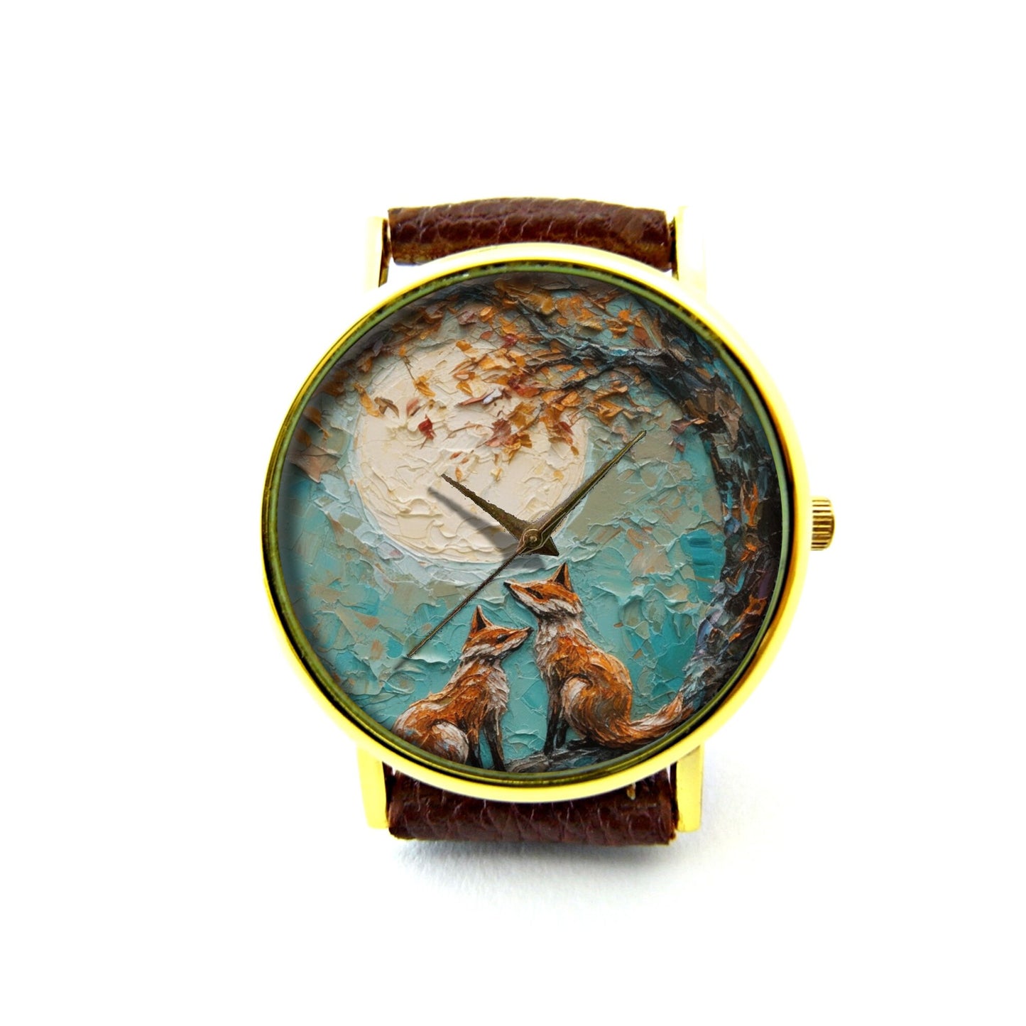 Oil Effect Print Loving Foxes Leather Watch, Fox Unisex Watch, Personalized Watch, Not Real Oil Printing, It's Flat Printing