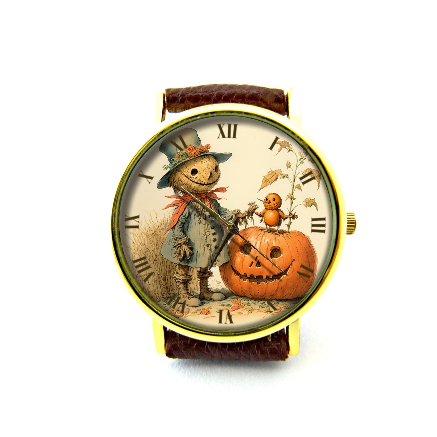 Scarecrow Pumpkin Leather Watch, Halloween Ladies Watch, Scarecrow Watch, Unisex Watch, Pumpkin Jewelry